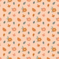 Seamless pattern with autumn elements in simple Scandinavian style - Pumpkin, fall flowers, leaves on light peach background. Cute Royalty Free Stock Photo
