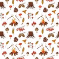 Seamless pattern with autumn, forest harvest. Pine cone, mushrooms, bonfire, stump, berry, marshmallow, acorns. Backdrop with