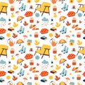 Seamless pattern. Autumn illustration, stickers with homely cute things.