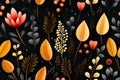 seamless pattern with autumn leaves and berries on black background Royalty Free Stock Photo