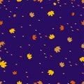 Seamless pattern autumn leaves on blue background, Endless design random maples laves in yellow and orange colour for Autumnal or