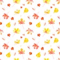 Seamless pattern with autumn leaves imprint watercolor