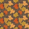 Seamless pattern with autumn leaves with line style Vector illustration background Royalty Free Stock Photo