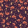 Seamless pattern with autumn leaves and rowan berries. Colorful repeatable backdrop with oak, rowan and maple leaves and Royalty Free Stock Photo