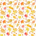 Seamless pattern with autumn leaves and splash. Watercolor paint Royalty Free Stock Photo