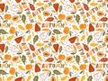 Seamless pattern with autumn leaves and autumn text. Autumn leaf color paper. Vector illustration in doodle style