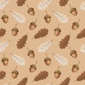 Seamless pattern, autumn oak leaves and acorns on a beige background. Pastel colors. Print, background, vector Royalty Free Stock Photo