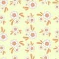 Seamless pattern with autumn small abstract bouquets of flowers in warm colors isolated on pastel yellow background in flat Royalty Free Stock Photo