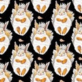 Seamless pattern with autumn squirrels drawn in wax crayons on black background. Repeating hand drawn textural