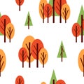 Seamless pattern with autumn trees. Red, green and orange. White background. Cartoon flat style. Garden or forest. Nature and Royalty Free Stock Photo