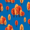 Seamless pattern with autumn trees. Red and pink. Blue background. Cartoon flat style. Garden or forest. Nature and ecology. For Royalty Free Stock Photo