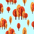 Seamless pattern with autumn trees. Red and pink. Blue background. Cartoon flat style. Garden or forest. Nature and ecology. For Royalty Free Stock Photo