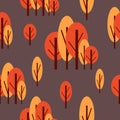 Seamless pattern with autumn trees. Red and pink. Brown background. Cartoon flat style. Garden or forest. Nature and ecology. For Royalty Free Stock Photo