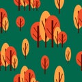 Seamless pattern with autumn trees. Red and pink. Green background. Cartoon flat style. Garden or forest. Nature and ecology. For Royalty Free Stock Photo