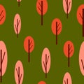 Seamless pattern with autumn trees. Red and pink. Green background. Cartoon flat style. Garden or forest. Nature and ecology. For Royalty Free Stock Photo