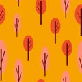 Seamless pattern with autumn trees. Red and pink. Orange background. Cartoon flat style. Garden or forest. Nature and ecology. For Royalty Free Stock Photo