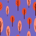 Seamless pattern with autumn trees. Red and pink. Violet background. Cartoon flat style. Garden or forest. Nature and ecology. For Royalty Free Stock Photo