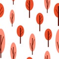 Seamless pattern with autumn trees. Red and pink. White background. Cartoon flat style. Garden or forest. Nature and ecology. For Royalty Free Stock Photo