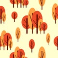 Seamless pattern with autumn trees. Red and pink. Yellow background. Cartoon flat style. Garden or forest. Nature and ecology. For Royalty Free Stock Photo