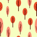 Seamless pattern with autumn trees. Red and pink. Yellow background. Cartoon flat style. Garden or forest. Nature and ecology. For Royalty Free Stock Photo