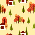 Seamless pattern with autumn trees and white country house. Red, green and orange. Yellow background. Cartoon style. Garden or Royalty Free Stock Photo