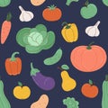 Seamless pattern with autumn vegetables in flat style with partial outline. On dark background. Autumn and harvest concept. Vector Royalty Free Stock Photo