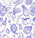 Seamless pattern with autumn vegetables. Linear blue doodle sketch. Pumpkin, plum, beans , beetroot, eggplant, pepper, cucumber