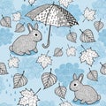 Seamless pattern with autumn wind, doodle umbrella and cute little rabbits. Vector endless background for babies or