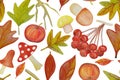 Seamless pattern with autumn pattern. Yellow leaves, mushrooms, rowan, branches, apples painted in watercolor