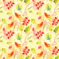 Seamless pattern of autumn yellow, red, orange, green leaves on a textured yellow orange background Royalty Free Stock Photo