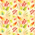 Seamless pattern of autumn yellow, red, orange, green leaves on a textured yellow orange background. graphic color picture Royalty Free Stock Photo
