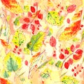 Seamless pattern of autumn yellow, red, orange, green leaves on a textured yellow orange background. graphic color picture Royalty Free Stock Photo