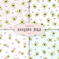 Seamless pattern of avocado character design. Collection of yoga stance. Cute illustration for greeting cards, stickers