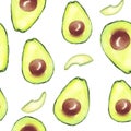 Seamless pattern of avocados and sprouts. Watercolor halves of avocado and seedlings, hand painted. For the design of menus,