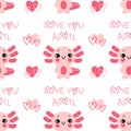 Seamless pattern with axolotl salamander baby and text LOVE YOU ALOTL. Perfect for T-shirt, textile and print. Hand drawn