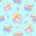 Seamless pattern with babies in strollers. Baby shower. Vector. Royalty Free Stock Photo