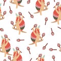 Seamless pattern. Baby armadillo character. Cute and funny. Beige and red. Ornament on shell. Dancing with maracas. Cartoon style Royalty Free Stock Photo