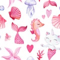 Seamless pattern, baby background with mermaids and cat-unicorn, watercolor drawing