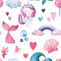 Seamless pattern, baby background with mermaids and cat-unicorn, watercolor drawing