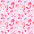 Seamless pattern, baby background with mermaids and cat-unicorn, watercolor drawing