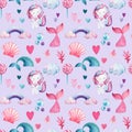 Seamless pattern, baby background with mermaids and cat-unicorn, watercolor drawing
