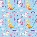 Seamless pattern, baby background with mermaids and cat, watercolor drawing