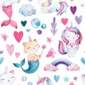 Seamless pattern, baby background with pony, mermaids and cat, bubbles, watercolor drawing