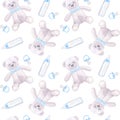 Seamless pattern baby boy blue pacifier dummy, milk bottle, Teddy bear. Hand drawn watercolor illustration isolated on Royalty Free Stock Photo