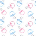 Seamless pattern baby boy girl pacifier dummy. Pink blue. Hand drawn watercolor illustration isolated on white