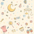 Seamless pattern with baby care items Royalty Free Stock Photo