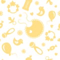 Seamless pattern in baby concept, teats, bottles, bibs and other baby symbols.