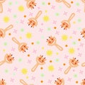 Seamless pattern with baby cow rattle. Children's pattern on textiles. Gentle children's pink background