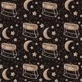 Seamless pattern with baby cradle, moon and stars