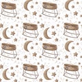 Seamless pattern with baby cradle, moon and stars